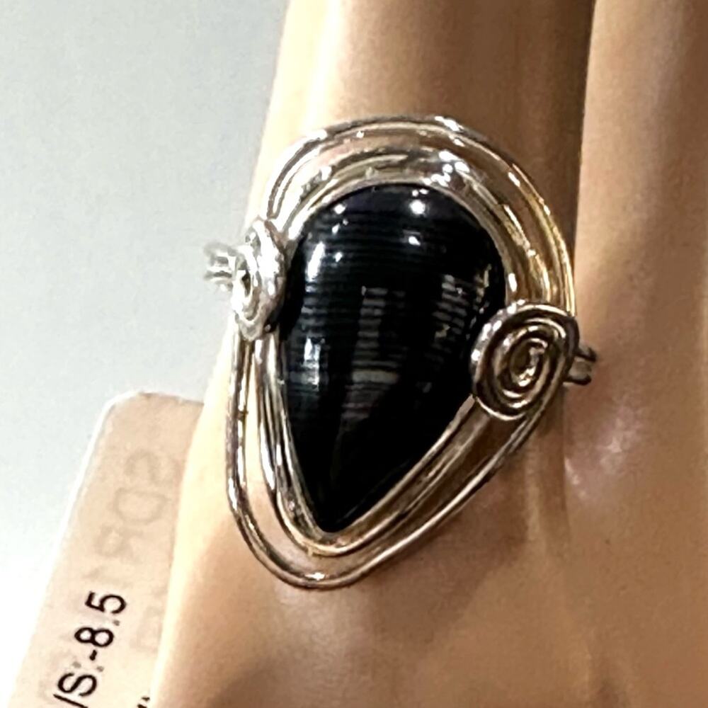 Crown Of Silver Psilomelane - Black Malachite 925 solid Silver Ring size 8.5‎
